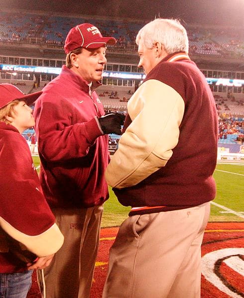 Jimbo Fisher in the ACC Football Championship vs Florida State in 2010. From left, Fisher and former Virginia Tech coach, Frank Beamer.