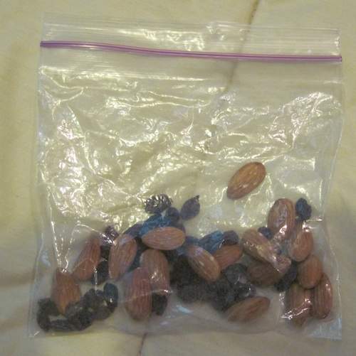 Almonds and raisins make great healthy snacks at the hospital between meals. Raisins give quick energy. Almonds are a great source of magnesium, which helps calm one down.