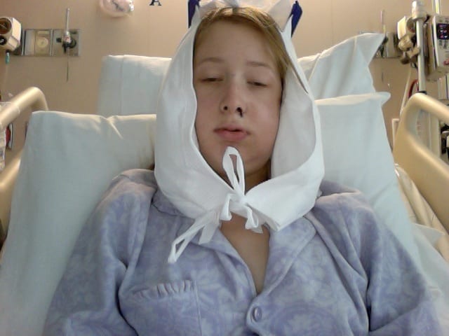 In the hospital, one day after surgery, a trickle of dried blood coming from my nose. I feel like my face was so much larger in real life, though.