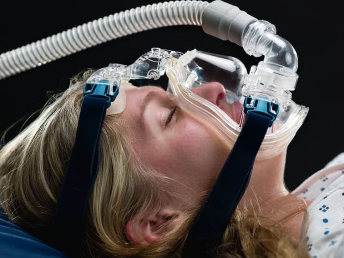 The full face mask (shown) was too overwhelming for me. I chose the nasal pillow which still has a mask but the hose coming from the top of the head.