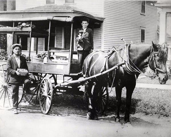 David and Harry Silverman with their fruit peddling cart in St. Paul, MN.