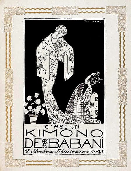 A French ad depicts a kimono clad Euopean woman in a dominant position above kneeling Japanese woman