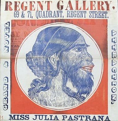 A poster advertising "Julia Pastrana, the nondescript" at a show at the Regent Gallery in London, England.