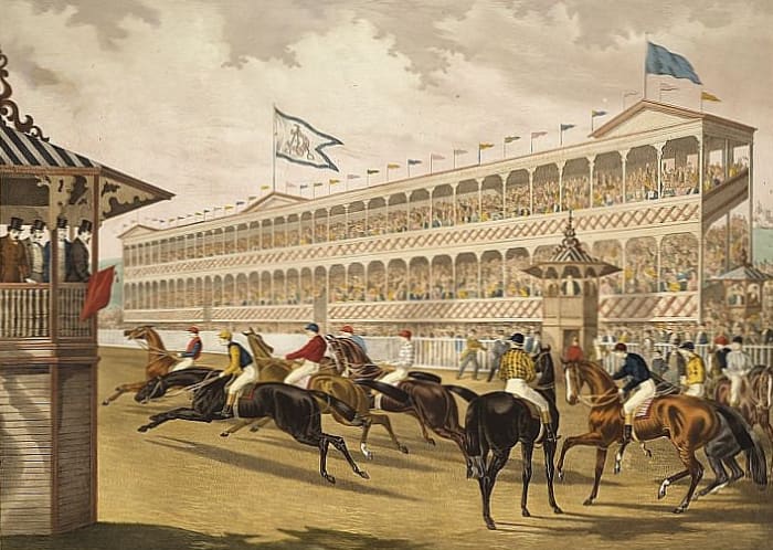 This 1868 print by William C. Robertson, titled "The False Start," features the grand stand of Jerome Park in the background. Jerome Park was the first site of the Belmont Stakes.