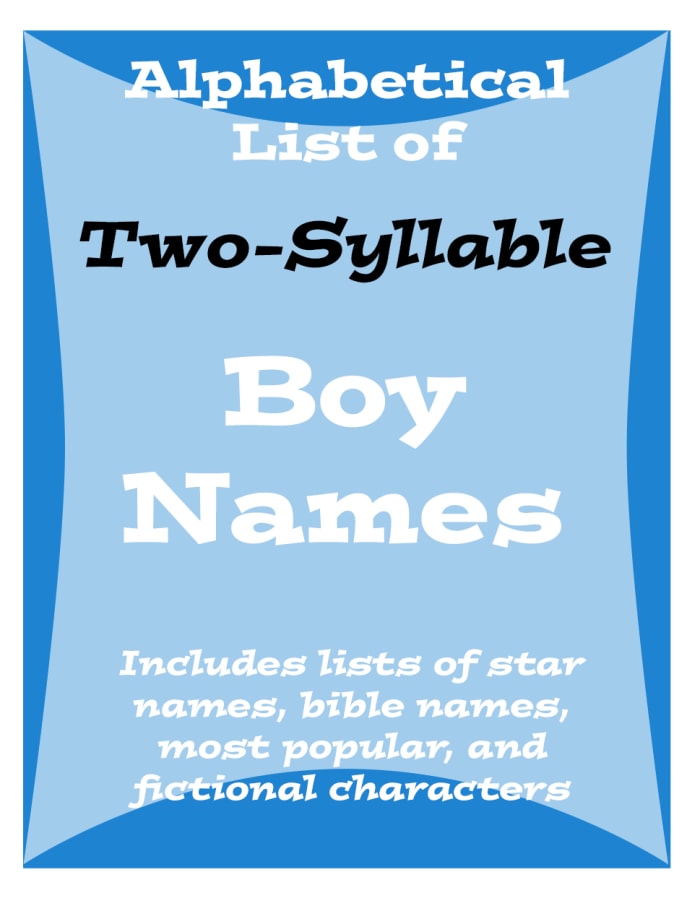 A - Z listing of boy names that have two-syllables as well as lists of famous people with these types of names, biblical ones, fictional characters and a list of the 15 most popular ones.
