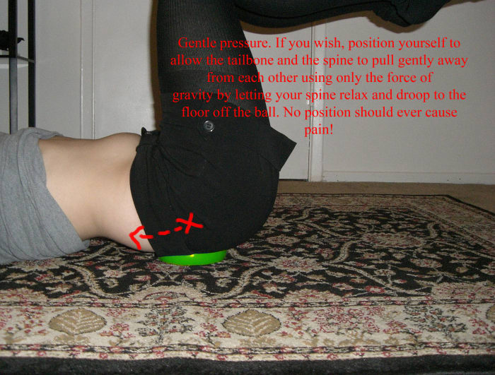 To intensify the stretch, lift your legs up, knees over you hips. There should be little to no work here—no shifting and struggling for balance. If needed, realign yourself so there is no slipping around on the ball