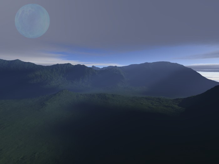 Alien landscape created with 'Terragin' showing a watery moon landscape. Fantasy world builders need to consider what effects satellites have on their worlds.