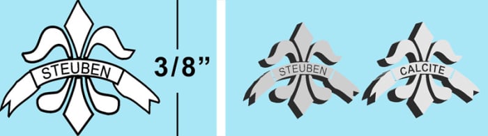 Genuine acid marks, left, are only about 3/8 inches tall, with clear, legible letters and a smooth, even outline. Authentic acid cut back fleur-de-lis marks, right, vary in size.
