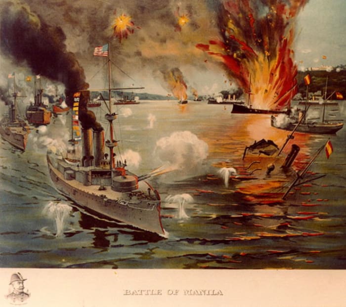 Battle of Manila Bay. Contemporary print with the Olympia in the foreground and a vignette portrait of Admiral Dewey at the lower left.