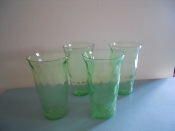 Hex Optic: manufactured By Jeannette Glass Company, from1928-1932 —also Known As The Honeycomb Pattern. Shown in the picture are the 3-3/4 inch high tumblers. Pieces in this pattern were made in green and green ultra-marine.