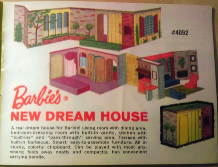 "Barbie's New Dream House" in 1963 with easy-to-assemble furniture. Made of chipboard. Original price, also $8.00.