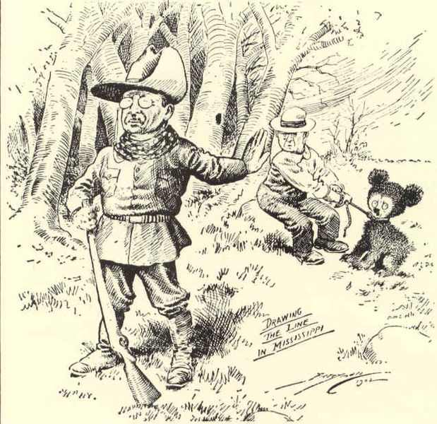 The original drawing by Clifford Berryman showed a much larger bear standing on its hind legs. It was revised to show the smaller bear pictured here. (This drawing is in the Public Domain and appeared in the Washington Post in November of 1902)