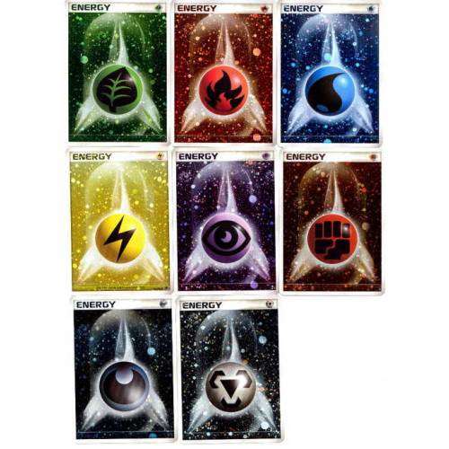 The basic energies in Pokémon, from top to bottom, left to right: grass, fire, water, lightning, psychic, fighting, darkness, and metal. Colorless (represented by a six-pointed star) and fairy (a pink butterfly) are not shown.