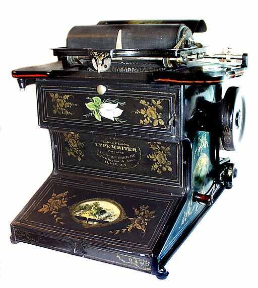 Sholes & Glidden Type-Writer, invented by Christopher Latham Sholes, Carlos Glidden, and Samuel W. Soule in 1868, and manufactured by Remington & Sons, Ilion, New York, USA, between 1874 and 1878.