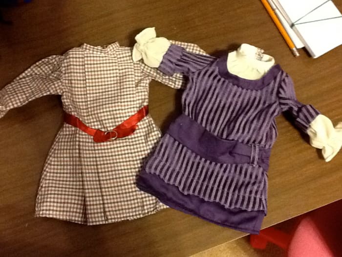 Most American Girl doll clothes are cold wash and line dry like Rebecca's dress on the right. However, the tag on Samantha's dress says dry clean only, so be sure to check before washing!