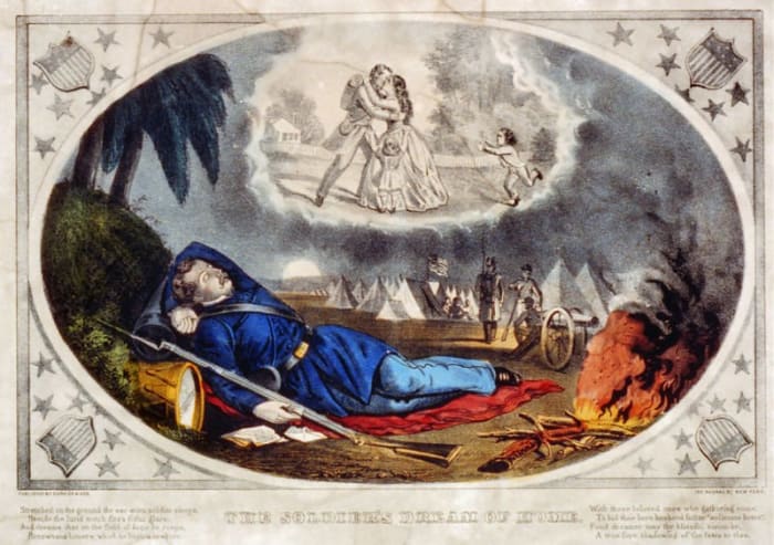 "The Soldier's Dream of Home", a patriotic American Civil War print, showing a soldier in Union blue (with "U.S." belt-buckle) sleeping in a military camp, with a letter from home by his side, and dreaming of being happily reunited with his family.