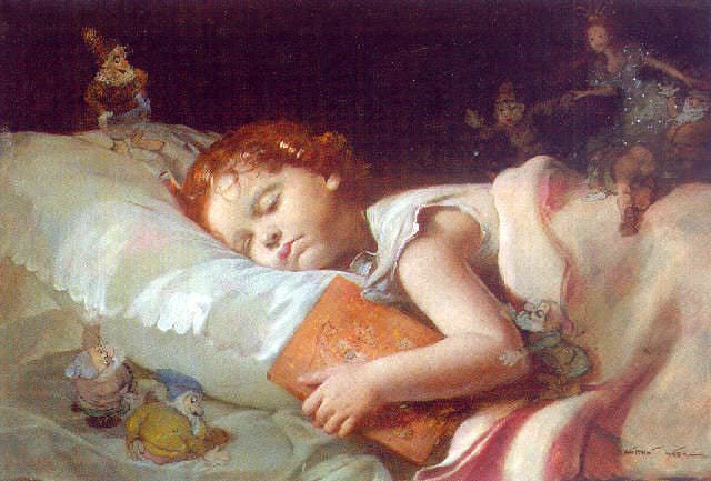 Sweet dreams dreaming of snowhite and the seven dwarves - painting by Franz Schrotzberg