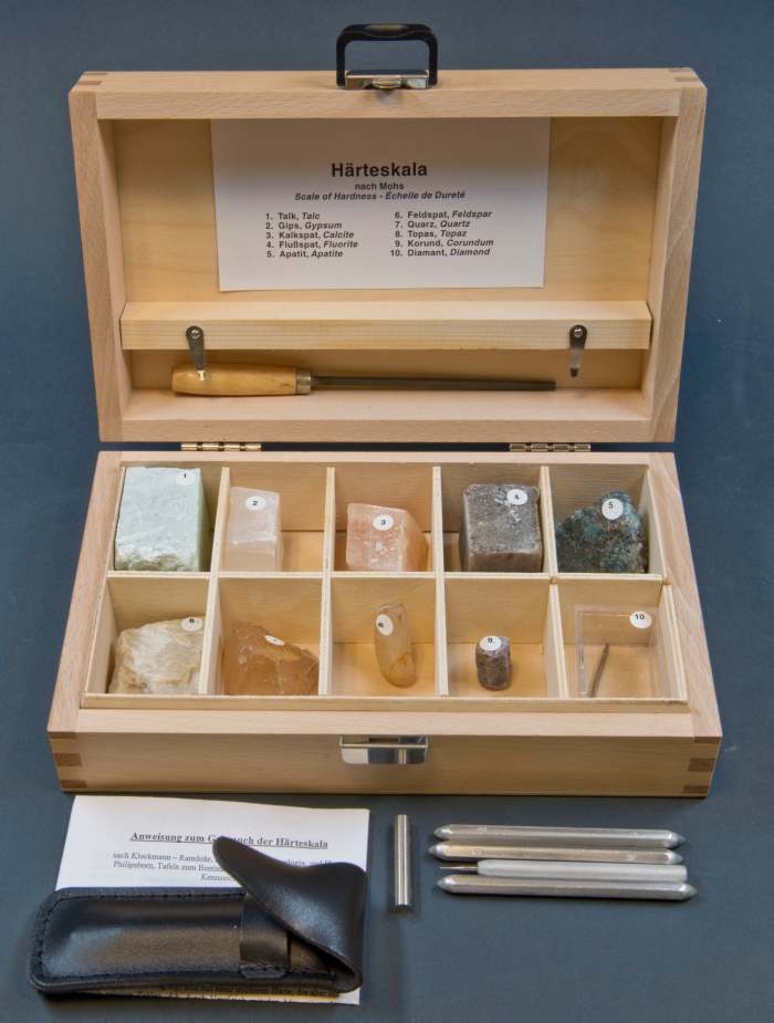 This Mohs hardness test kit containins one specimen of each mineral on the 10-point Mohs hardness scale.