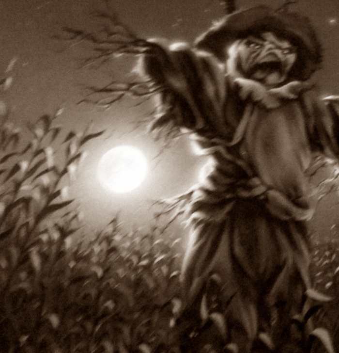 Cornfields = bad. Period. This is a closeup of the cover of The Scarecrow Walks at Midnight.