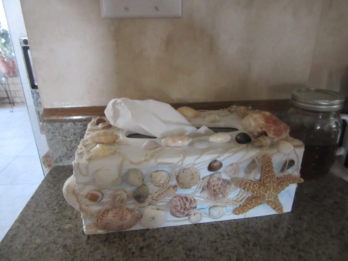 I base painted a wooden tissue box. Then glued on some netting. Added my favorite shells to create something very original