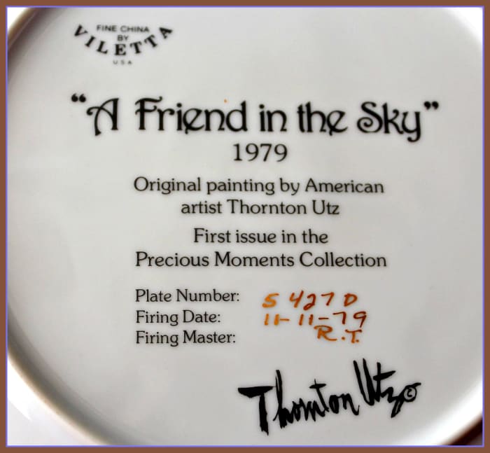 This is Villetta plate #5427D, Firing Date 11-11-79, Firing Master R.T. This plate is a 1979 original painting by the american artist THORNTON UTZ for the first issue of the limited edition PRECIOUS MOMENTS collection.
