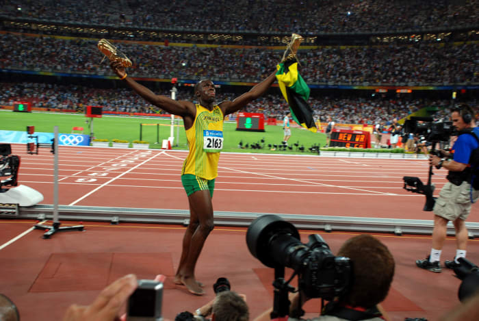 Usain Bolt at the 2008 Beijing Olympics after winning the 100m in a world record time.