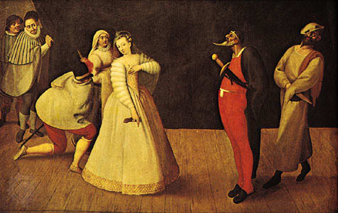 Commedia dell’Arte troupe, probably depicting Isabella Andreini and the Compagnia dei Gelosi, by an unknown artist, c. 1580. Musee Carnavalet, Paris.