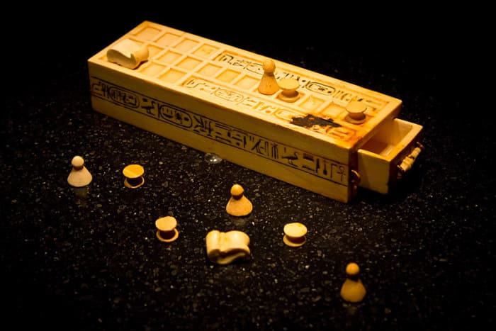 A game box and pieces for playing the game of Senet found within the intact KV62 tomb of king Tutankhamun. This object is today part of the permanent collection of the Cairo Museum of Egypt.