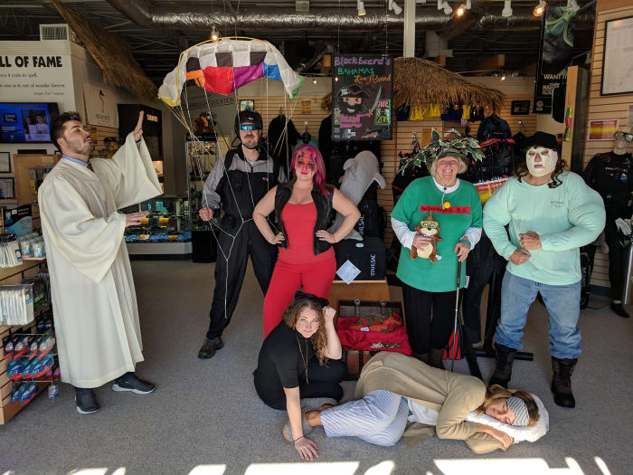 The only full body shot I remembered to get of my costume, but here's all my coworker's costumes too!