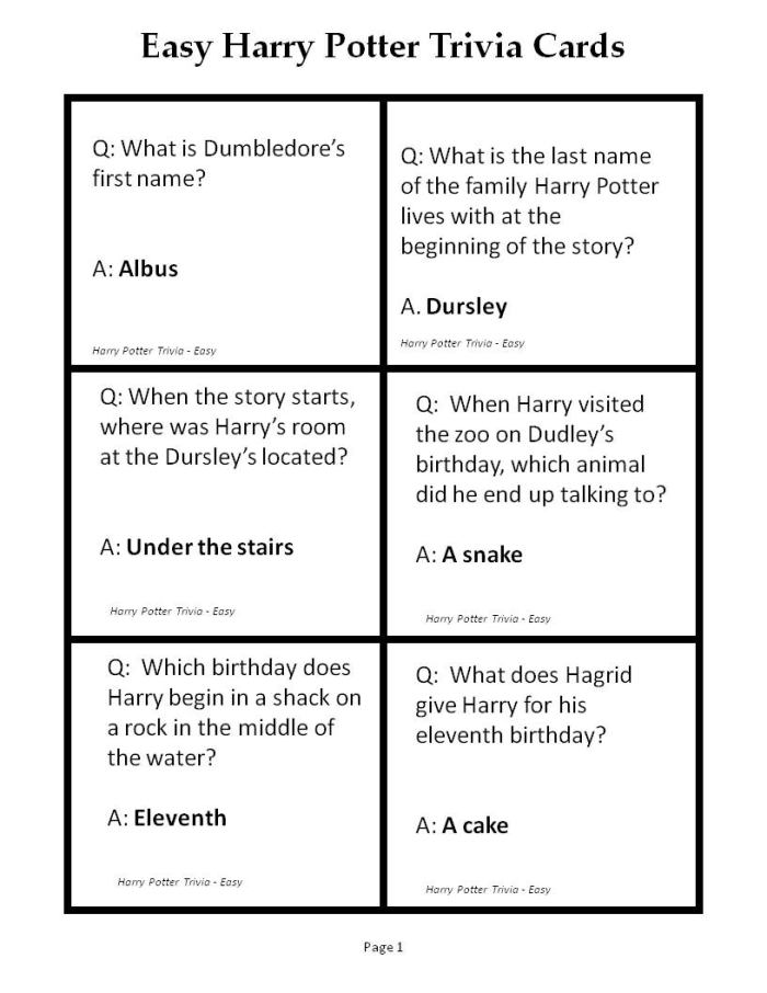 Here is the first page of printable Harry Potter trivia questions in the easy category. See below for a link to the pdf version.