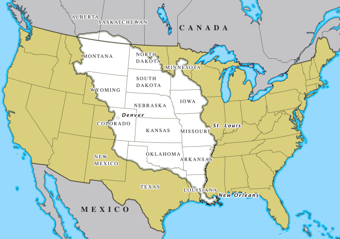 During the early 1800s, the Louisiana Purchase took place between the United States and France. In return for 15 million dollars, the U.S. government acquired 828,000 square miles of land from France that were located west of the Mississippi River.