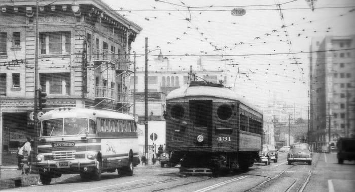 A Pacific Electric car negotiates dual-gauge trackage in Los Angeles in 1951.