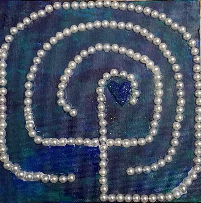The most recent pearly 3-circuit tabletop labyrinth path I have added to painted canvas.