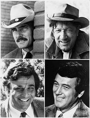 The NBC Sunday Mystery Movie program worked on a rotating basis one per month from each of its shows Top left, Dennis Weaver in McCloud; Richard Boone in Hec Ramsey; Bottomm leff Peter Falk in Columbo, Just notice their teeth.