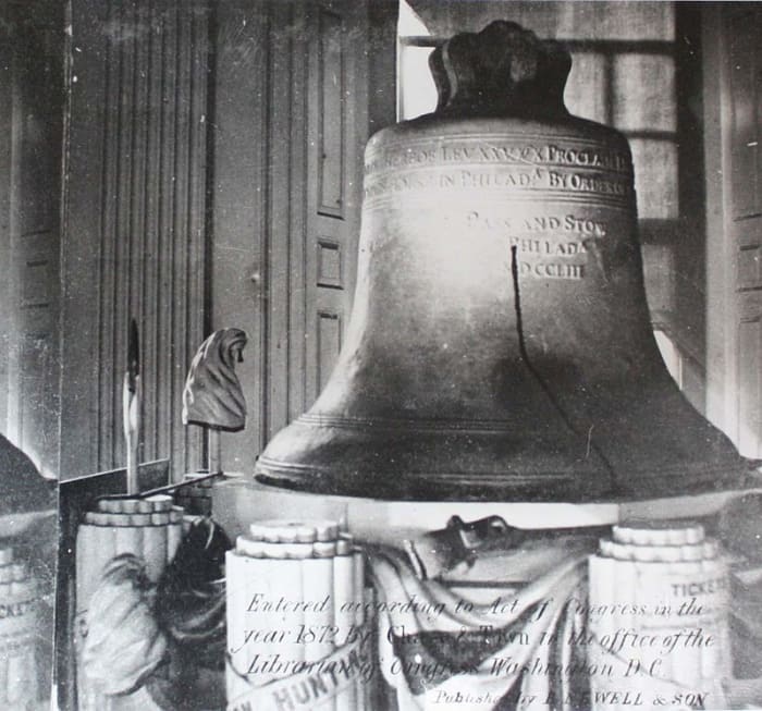 The Liberty Bell on its stand at Independence National Historic Park Library and Archives, Philadelphia PA.