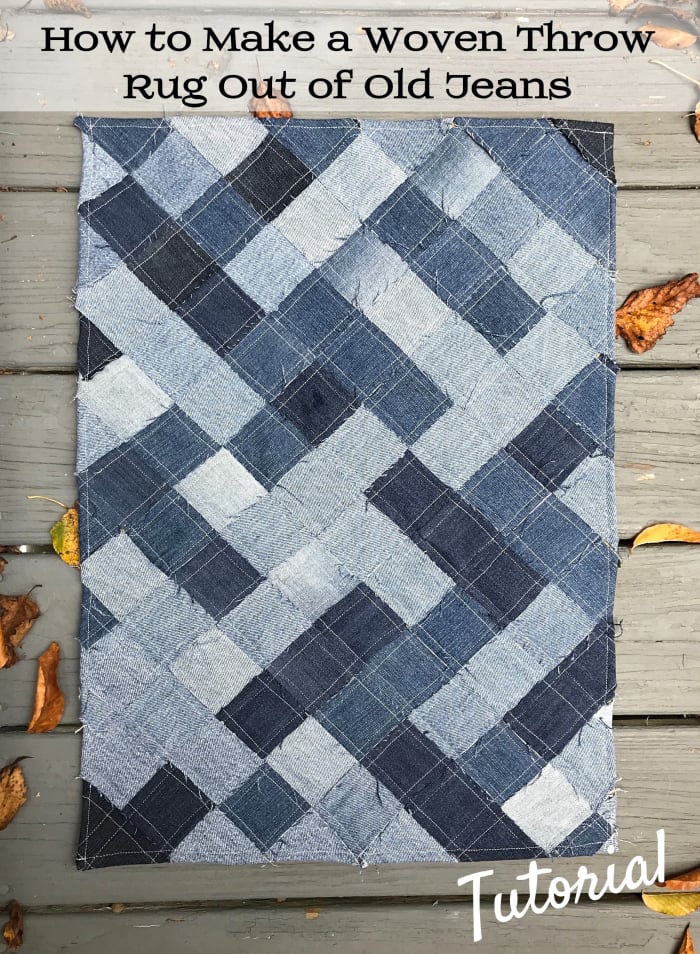 Easy-to-follow free pattern for using recycled denim blue jeans to make a woven throw rug.