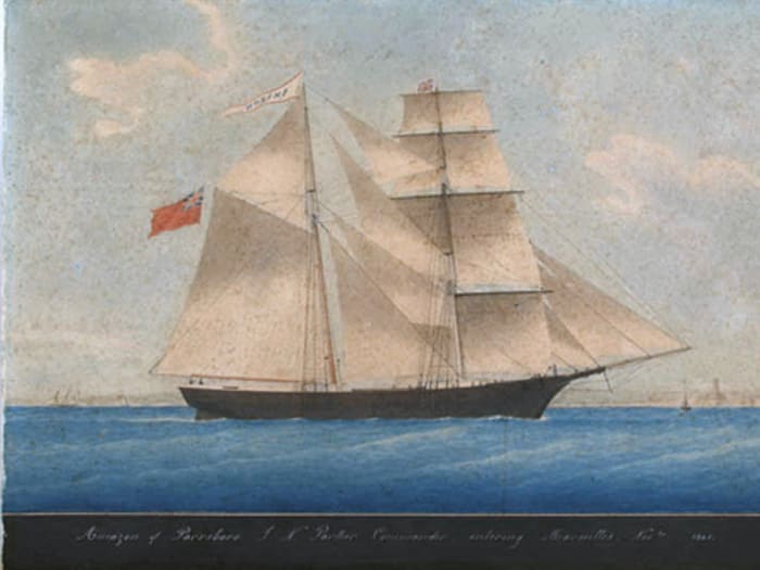 Prior to being re-christened 'Mary Celeste', she was known as 'The Amazon' and as such was a subject of this painting. (Artist unknown.)