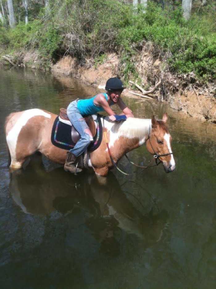 Chaps is an example of the perfect beginner lesson horse. As you can see, I even enjoy riding him on trails from time to time. But to really get good, you have to move on to harder horses! (Do as I say, not as I do; don't ride with a broken wrist!)