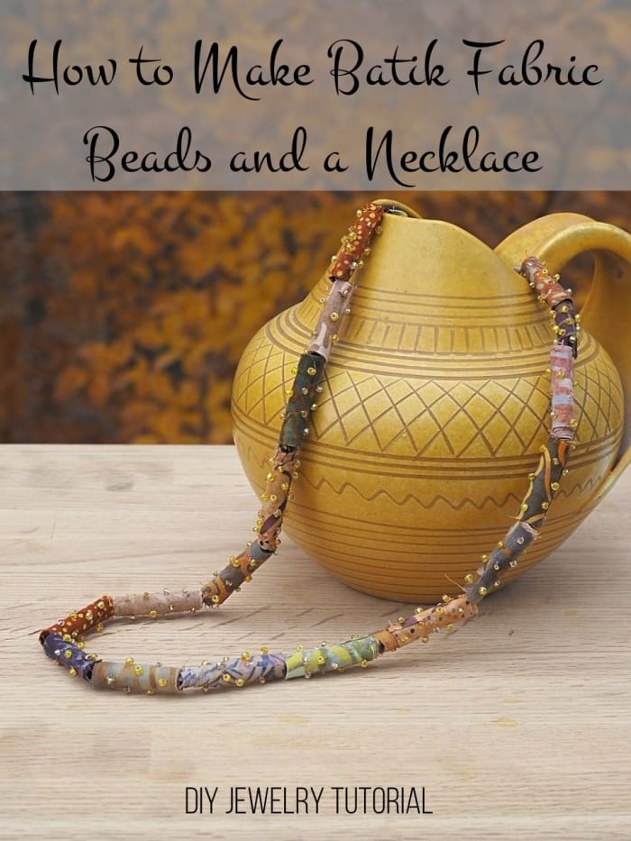 DIY jewelry tutorial on how to make batik fabric beads and turn them into a necklace.