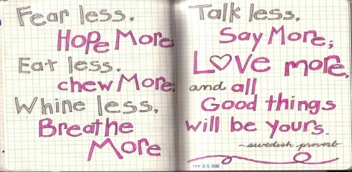 A Swedish proverb provides some ideas for mottos. Just select the phrases that work for you. For instance " Fear Less. Hope More."