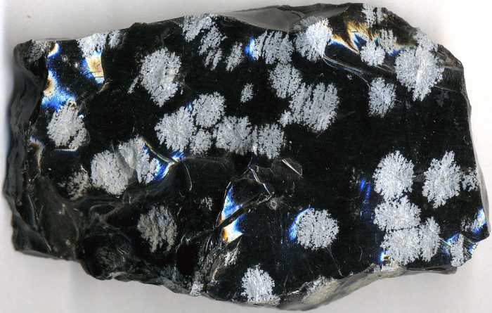 Snowflake obsidian is a white and black variety of natural glass.