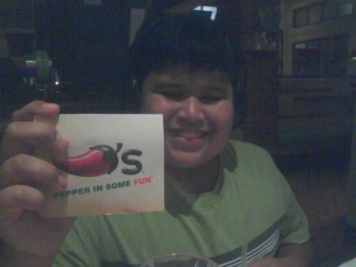 Tony loves eating the kid's pizza at Chili's. His Godmother enjoys giving him an occasional gift card to his favorite restaurant.