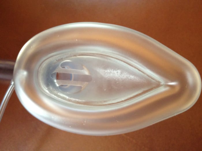 This is a close-up photo showing the aperture for oxygen. The opening sits over the windpipe and allows oxygen to be delivered to the lungs.