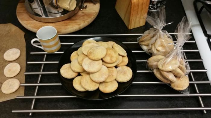 The dog biscuits being bagged up ready to be handed out. Also pictured is the espresso cup that I used instead of a cookie cutter.