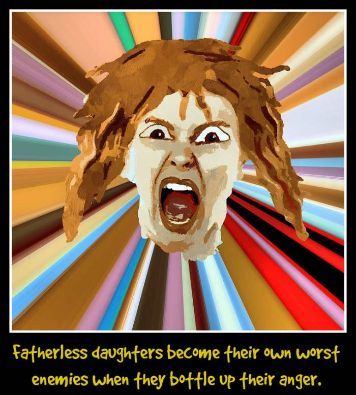 While fatherless sons may turn their anger outward, daughters with absent fathers are more apt to turn theirs inward. This can lead to depression, shame, and self-harm.