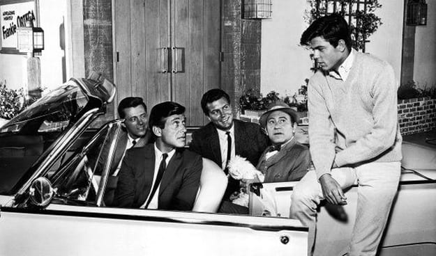 (front seat from left) Efrum Zimblast, Jr.; Edd "Kookie" Byrnes; Roger Smith, back seat Louis Quinn and Robert Logan.