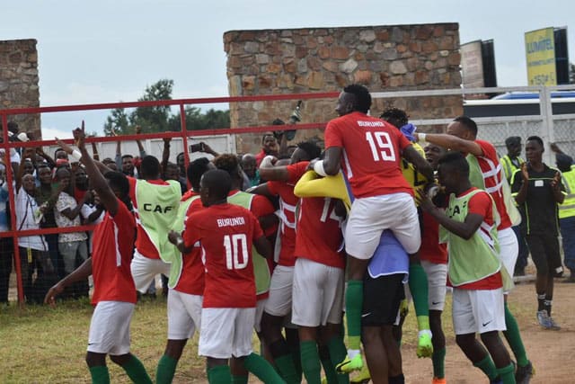 Burundi players celebrate after a goal during a 2019 Africa Cup of Nations match in Bujumbura, Burundi on Mar. 24, 2019. The 1-1 result against Gabon sent Burundi to its first Africa Cup of Nations.