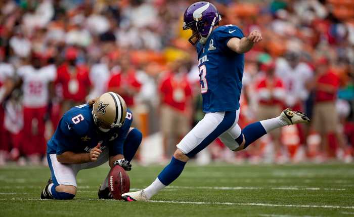Punter Thomas Morestead holds the ball for kicker Blair Walsh during the 2013 Pro Bowl