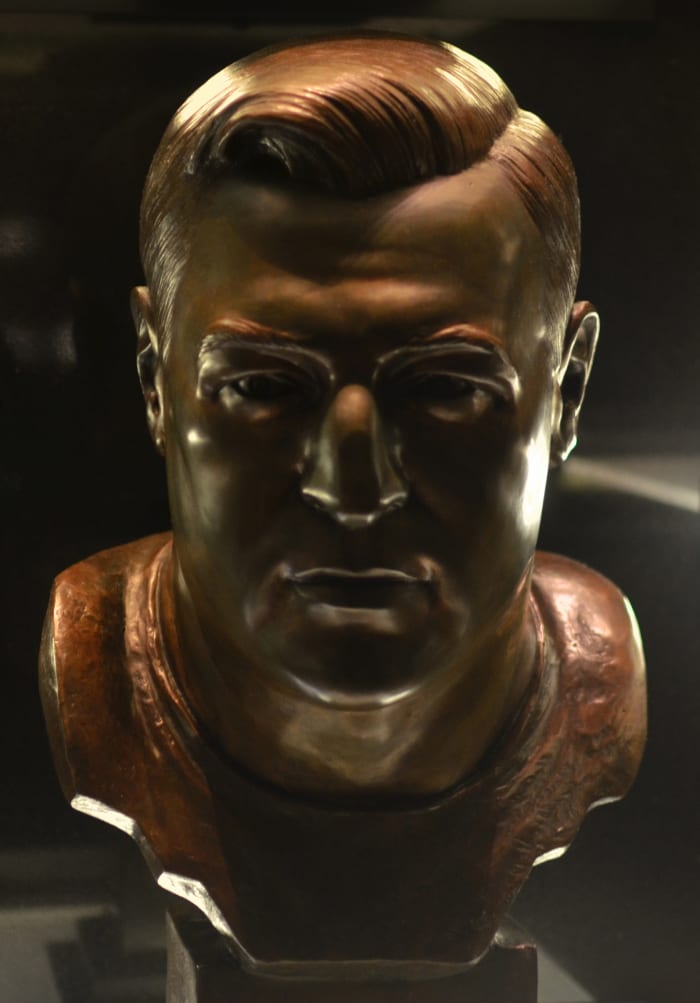 The bust of former Cleveland Browns offensive lineman, Mike McCormack, as seen in the Pro Football Hall of Fame.