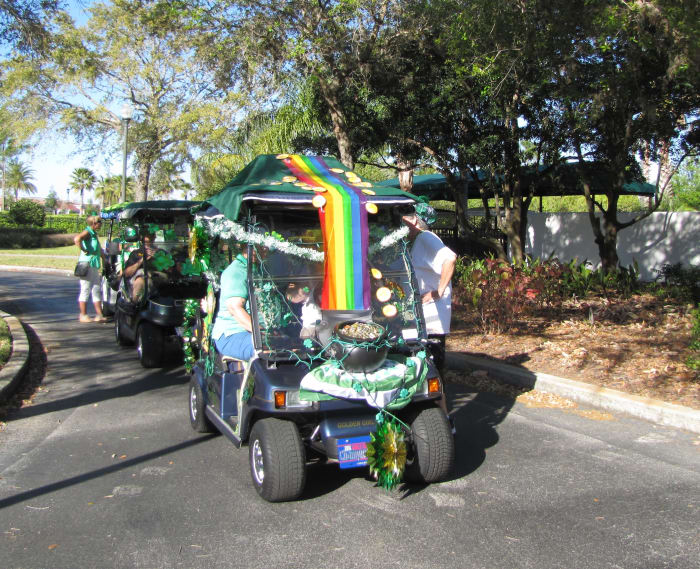 This is a golf cart fancied up for St Patrick's Day. The rainbow and pot of gold on this one really catch your eye.